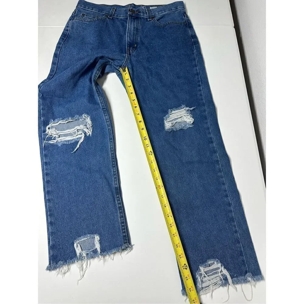 George Mens Regular Jeans Cropped Blue Denim Distressed 31X26 Frayed Hem Pockets